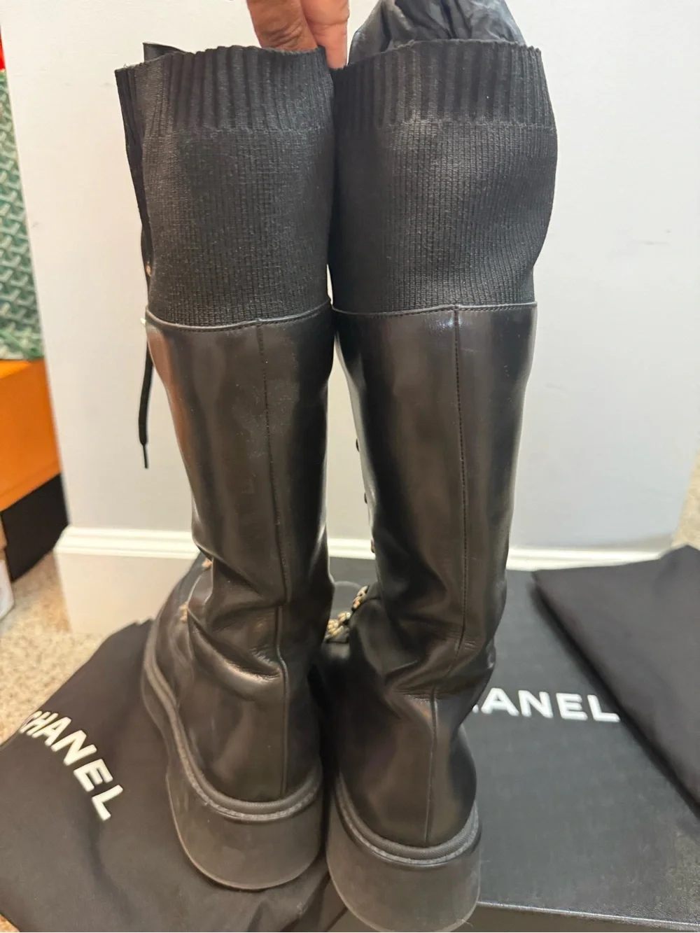 AUTHENTIC!! RARE!!!  Excellent.  CHANEL Tall Black Leather Lace-Up Biker boot